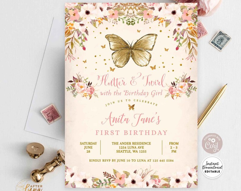 Editable Gold Butterfly Birthday Invitation Magical Flutter and Twirl Garden Floral Fairy Birthday Invite Template Instant