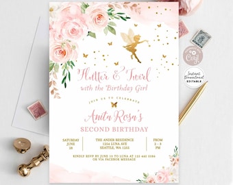 Editable ANY AGE Blush Pink Fairy Birthday Invitation Butterfly Flutter and Twirl Fairy Birthday Template Instant Download 351V1 (2