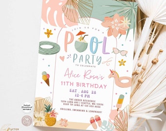 Editable ANY AGE Girl Tropical Pool Party Birthday Invitation Modern Simple Chic Pool Party Birthday Invite Instant Download 629K1 (1)