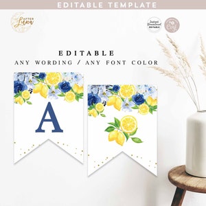Editável azul floral limão chá de panela decoração de chá de bebê decorações banner banner modelo para impressão download instantâneo 157BR5
