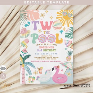 Editable Girl TWO the Pool 2nd Birthday Pool Party Invitation Girly Pool Splash Pad Water Park Birthday Invite Digital Template 717K1 (2-2)