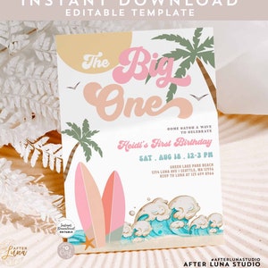 Bewerkbare meisje The Big One surfen 1e verjaardagsuitnodiging voor feest Pink Peach Surf Surfboard Beach Party uitnodiging Instant Download 630K3 (1)