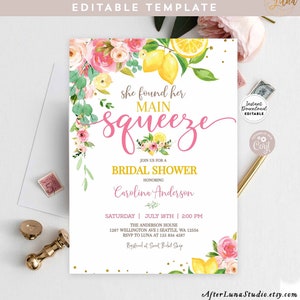 Editable Lemon Bridal Shower Invitation Pink Floral Citrus She Found Her Main Squeeze Invite Instant Download 157BR2