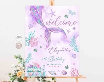 May include: Purple and green mermaid tail welcome sign with a watercolor background. The sign says "Welcome to Elizabeth's 5th Birthday Celebration 8.15.20XX".