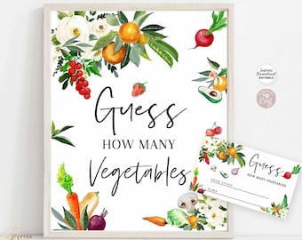 EDITIERBARE Lokal gewachsener Bauernhof Bauernmarkt Errate, wie viele Spielkarte-Babyparty-Dusche-Spiele Druckbare Vorlage Download 361V1