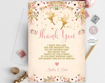 Pink Watercolour Fairy Girls Party Thank You Cards Pink Watercolour Fairy Girls Party Thank You Cards