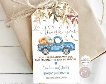 Editable Fall Pumpkin Blue Truck Baby Shower Sprinkle Quarantine Baby Sprinkle Rectangle Gift Tag Favor Tag Template Instant Download 1261V1