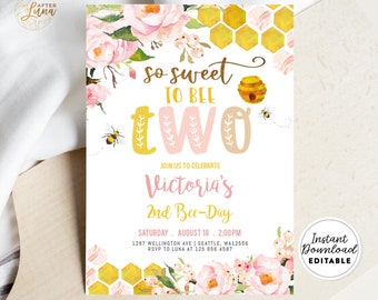 Editable Bee Birthday Invitation Girl Blush Pink Honey Bee 2nd Birthday So Sweet To Bee Two 2nd Bee-Day Invite Instant Download 1574KID