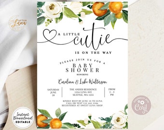 Editable A Little Cutie is on the Way Greenery Orange Gender Neutral Couples Baby Shower Invitation Invites Template Instant Download 248V1