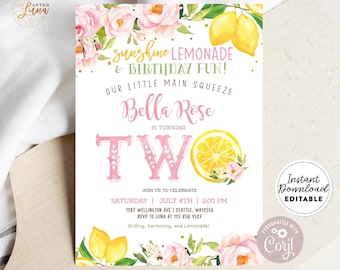 Editable Lemon 2nd Birthday Invitation Little Main Squeeze Lemon Birthday Sunshine Lemon Limonada y Diversión Invitación Descarga instantánea AL1490