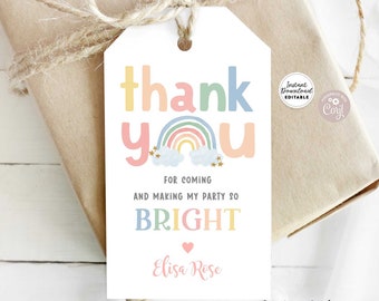 May include: A printable thank you tag with a rainbow, clouds, and stars. The text reads "thank you" in colorful letters, followed by "For coming and making my party so BRIGHT." The name "Elisa Rose" is written in pink cursive at the bottom.