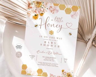 Editable Blush Floral Bee A Little Honey Baby Shower Invitation Baby Boho Bee Shower Invite Printable Template Instant Download 842V1 (3)