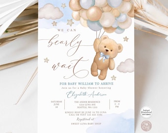 Editable Blue We Can Bearly Wait Teddy Bear Balloon Bear Theme Baby Shower Invitation Invites Template Instant Download 902V1 (1)