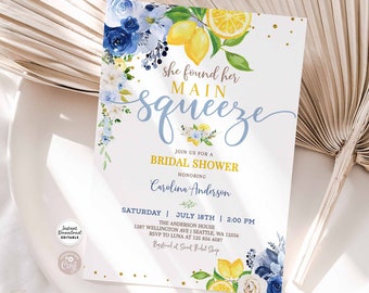 Editable Blue Lemon Bridal Shower Invitation Blue Floral Citrus She Found Her Main Squeeze Invite Template Instant Download 157BR5