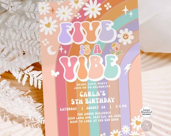 Editable FIVE is a Vibe Invite Daisy Rainbow Groovy 5th Birthday Invite Hippie Retro 1st Birthday Invitation Instant Download 633K4 (5)