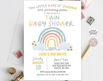 May include: A pastel rainbow with clouds and gold stars on a white background. The text "Two Little Rays of Sunshine are arriving soon" is above the rainbow. The text "Twin Baby Shower" is below the rainbow. The text "Honoring the Parents-to-be Carol & Jack Walter" is below the rainbow. The text "Saturday August 18 from 2-4 pm Elisa's Back Yard 21258 Wellington Ave Seattle, WA 12555 RSVP to Luna by July 8th at 125 698 5469 Registered T Buy Buy Baby & Luna Baby Shop" is below the text "Honoring the Parents-to-be Carol & Jack Walter".