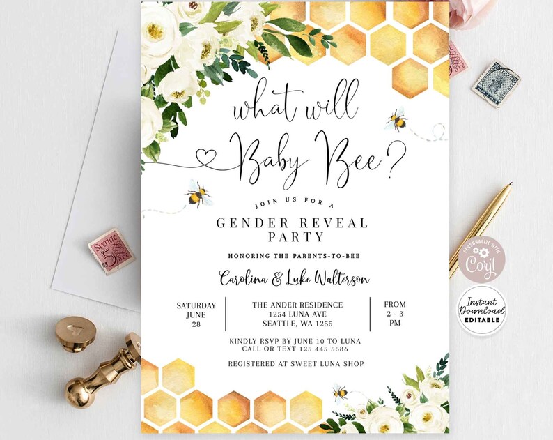 Editable What Will Baby Bee Gender Reveal Party Baby Bee Invitation Gender Neutral Invite Printable Template Instant Download