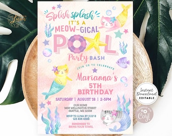 Può includere: Invito a una festa in piscina a tema gatto sirena in rosa e blu con il testo "Splish Splash It's a Meow-Gical Pool Party Bash" e "Unisciti a noi per festeggiare il 5° compleanno di Marianna".
