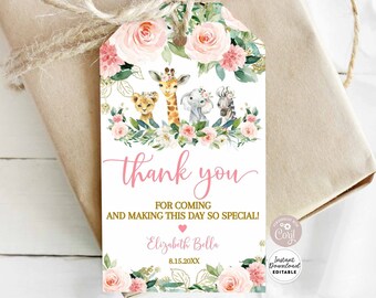 May include: Pink and green floral thank you tag with a giraffe, lion, elephant, and zebra. The tag says "thank you for coming and making this day so special!" with the name "Elizabeth Bella" and the date "8.15.20XX".