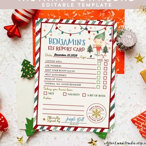 EDITABLE Boy Elf Boleta de calificaciones Imprimible Rayas rojas Verde Rayas elfos Actividad Tarjeta de informe Plantilla de juego elfo imprimible Descarga instantánea 215