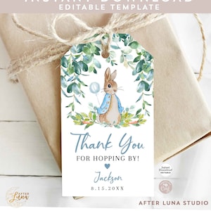 Verde modificabile Peter Rabbit Boy Birthday Grazie Favor Gift Tag Grazie per Hopping By Tag Printable Template Instant Download 1455K1