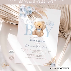 Modificabile È un RAGAZZO Erba di pampa blu Possiamo aspettare con pazienza Orsacchiotto Boho blu Invito per baby shower Invita Download istantaneo 904V3 (5)