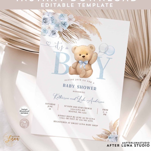 Editable It's a BOY Blue Pampas Grass We Can Bearly Wait Blue Boho Teddy Bear Baby Shower Invitation Invites Instant Download 904V3 (5)