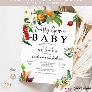 Editable Locally Grown Baby Shower Invites Farmer&#39;s Market Gender Neutral Baby Shower Invitation Printable Template Instant Download 361V1