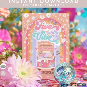 Editable Groovy FIVE is a Vibe 5th Birthday Invitation Daisy Groovy Van Birthday Invite Invites Instant Download Template 607K1 (5-1)