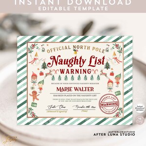 Certificato di lista dei cattivi comportamenti di Natale: modello di lettera di avvertimento di Babbo Natale (download digitale) 215 (1-4)