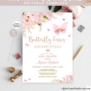 Editable Pink Rose Gold Butterfly Kisses and Baby Wishes Baby Shower Sprinkle Invitation Invite Printable Template Instant Download 1406 (5)