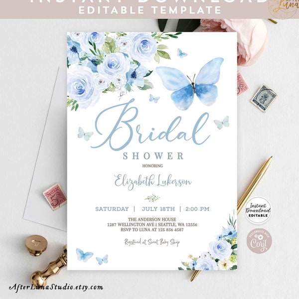 Editable Blue Butterfly Bridal Shower Invitation Blue Floral Bridal Brunch Invite Invitation Printable Template Instant Download 1402BR