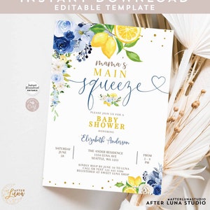 Editable Blue Lemon Baby Shower Sprinkle Invitation Blue Floral Citrus Mama&#39;s Main Squeeze Invite Template Instant Download 157V4