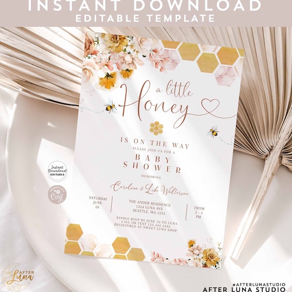 Editable Blush Floral Bee A Little Honey Baby Shower Invitation Baby Boho Bee Shower Invite Printable Template Instant Download 842V1 (3)