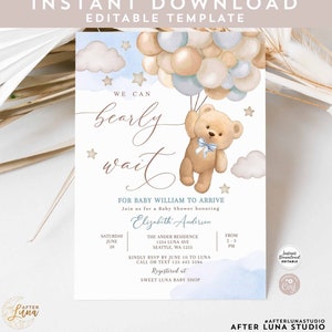 Editable Blue We Can Bearly Wait Teddy Bear Balloon Bear Theme Baby Shower Invitation Invites Template Instant Download 902V1 (1)