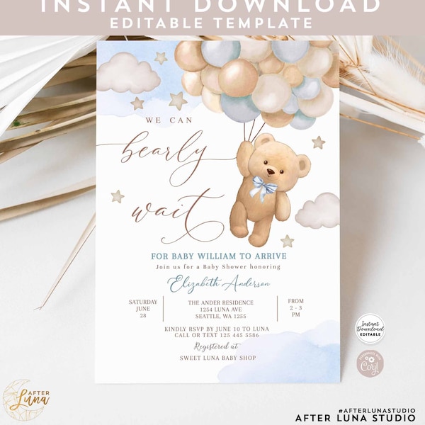 Bleu modifiable We Can Bearly Wait Teddy Bear Balloon Bear Thème Baby Shower Invitation Invite Modèle Téléchargement instantané 902V1 (1)