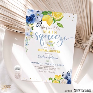 Editable Blue Lemon Bridal Shower Invitation Blue Floral Citrus She Found Her Main Squeeze Invite Template Instant Download 157BR5 image 1