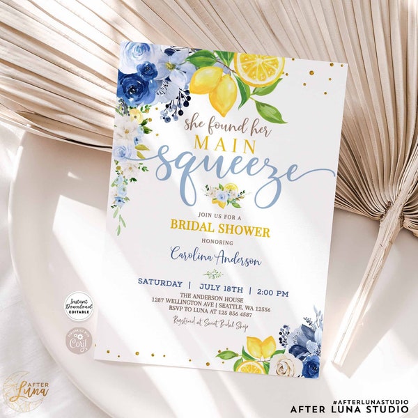 Editable Blue Lemon Bridal Shower Invitation Blue Floral Citrus She Found Her Main Squeeze Invite Template Instant Download 157BR5