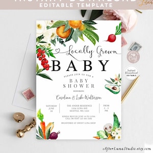 Editable Locally Grown Baby Shower Invites Farmer&#39;s Market Gender Neutral Baby Shower Invitation Printable Template Instant Download 361V1