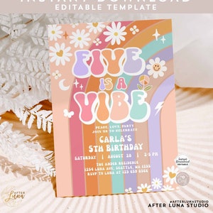 Editable FIVE is a Vibe Invite Daisy Rainbow Groovy 5th Birthday Invite Hippie Retro 1st Birthday Invitation Instant Download 633K4 (5)