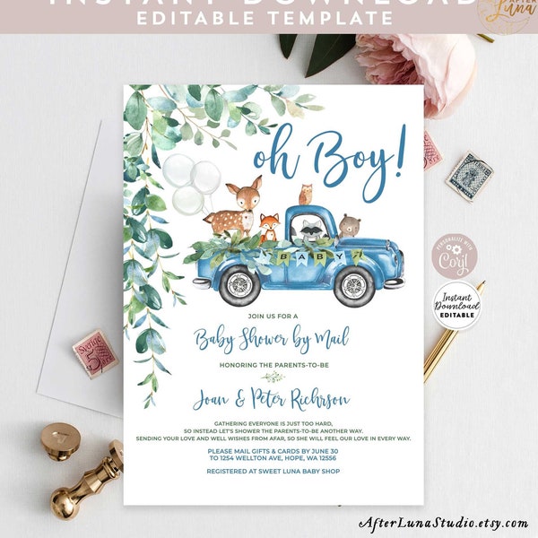 Editable Woodland Blue Truck Baby Shower By Mail Invitation Boy Blue Pickup Truck Deer Bear Shower By Mail Printable Instant Download AL572