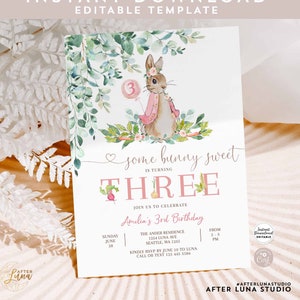 Editable Flopsy Bunny 3rd Birthday Pink Peter Rabbit Birthday Invitation Easter Bunny Invite Printable Template Instant Download 1455K2 (3)