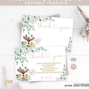 Bearbeitbare Greenery Pink Hirsch Geburtstag Danke Flat Note Karte Mädchen Pink Rentier Thank You Flat Note Card Vorlage Instant Download 756