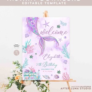Editable ANY AGE Purple Teal Mermaid Under the Sea Birthday Welcome Sign Birthday Decor Decorations Printable Instant Download 1329V2