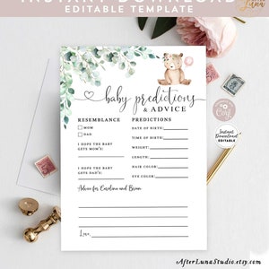 Editable Personalized Greenery Pink Girl Teddy Bear Baby Predictions and Advice Virtual Baby Shower Game Printable Instant Download 1432V3
