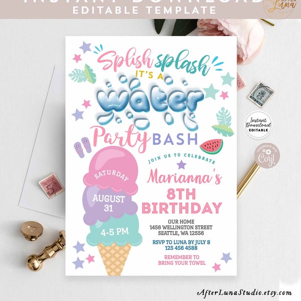 Editable ANY AGE Water Party Invitation Girl Ice Cream Waterslide Water Slide Party Birthday Invite Template Instant Download 919 V8 (6)