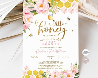 Editable Pink Floral Gold A Little Honey Girl Baby Shower Invitation Baby Sprinkle Invites Printable Template Instant Download 1574V2 (9)