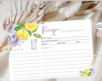 Editable Lavender Purple Floral Lemon Recipe Card Wedding Couple Bridal Shower Recipe Printable Template Instant Download 157BR6