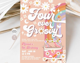 Editable Four Ever Groovy Invite Groovy 4th Birthday Invite Daisy Rainbow Van Birthday Hippie Birthday Invite Instant Download 633K1 (1-3-4)