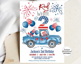 May include: Red, white, and blue birthday invitation with a watercolor illustration of a blue pickup truck carrying a large number "2" decorated with stars and stripes. The truck is carrying balloons and party hats. The text reads "Join us to celebrate Jackson's 2nd Birthday, Saturday, July 4th, 2:00 PM, 1287 Wellington Ave, Seattle, WA12556, RSVP to Luna at 125 856 9587, Grilling, Swimming, Watermelon, and Fireworks!"
